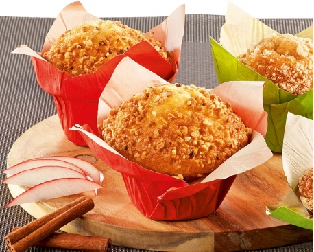 Muffin nature fourré caramel au beurre salé décor pépites caramel en coupelle tulipe orange